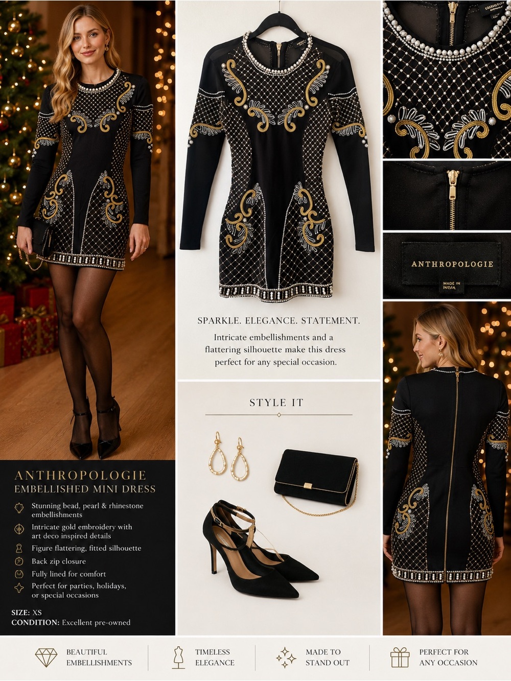 Nasty Gal Black Gold Embellished Mini Dress Holiday Party Cocktail SZ XXS
